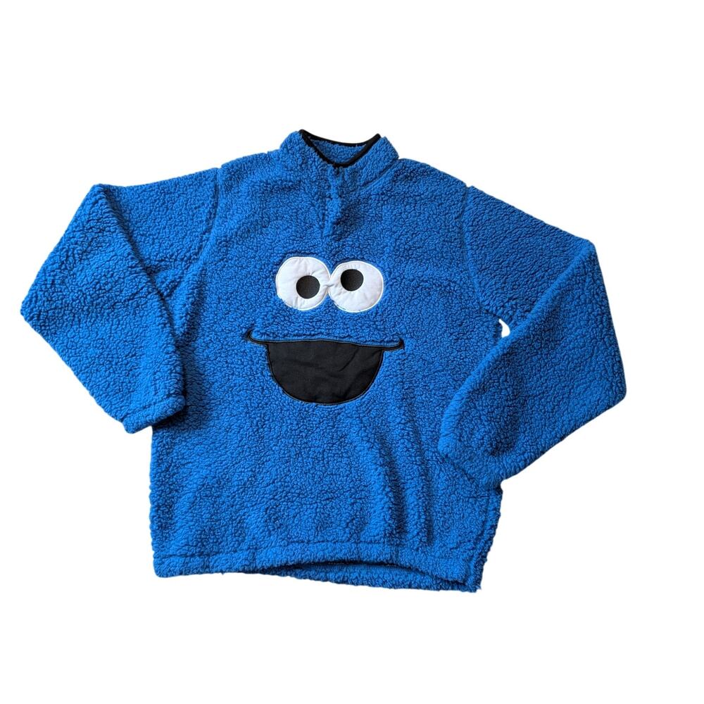 Sesame Street Cookie Monster Sherpa Fleece Quarter Snap Pullover Sweater Large